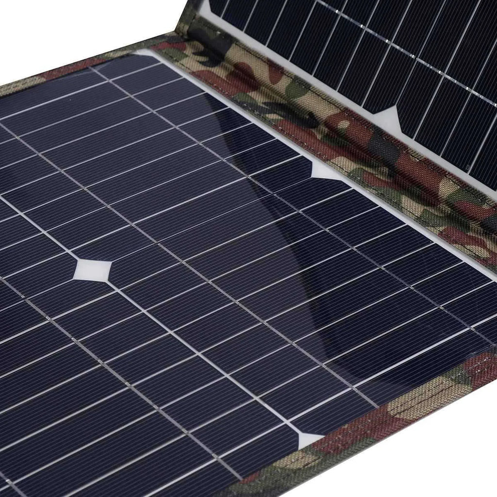 Black foldable solar panel with three monocrystalline silicon cells, car charger, and USB hub accessories