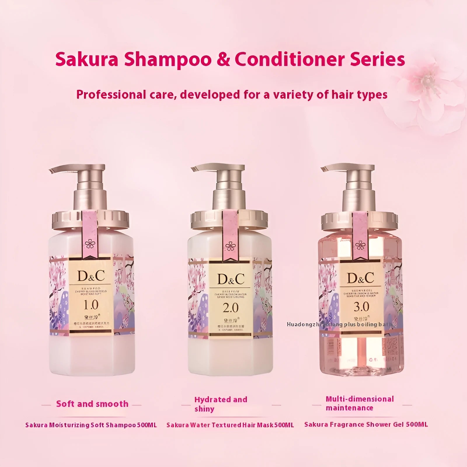 Sakura Wash Set showing 500ml shampoo, conditioner, and shower gel bottles with cherry blossom design.