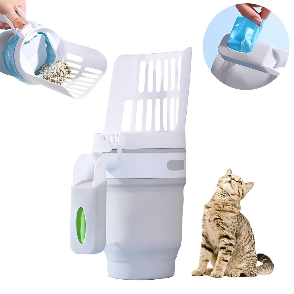 Grey foldable cat litter scoop and waste bin system with a non-slip handle and refill bags.