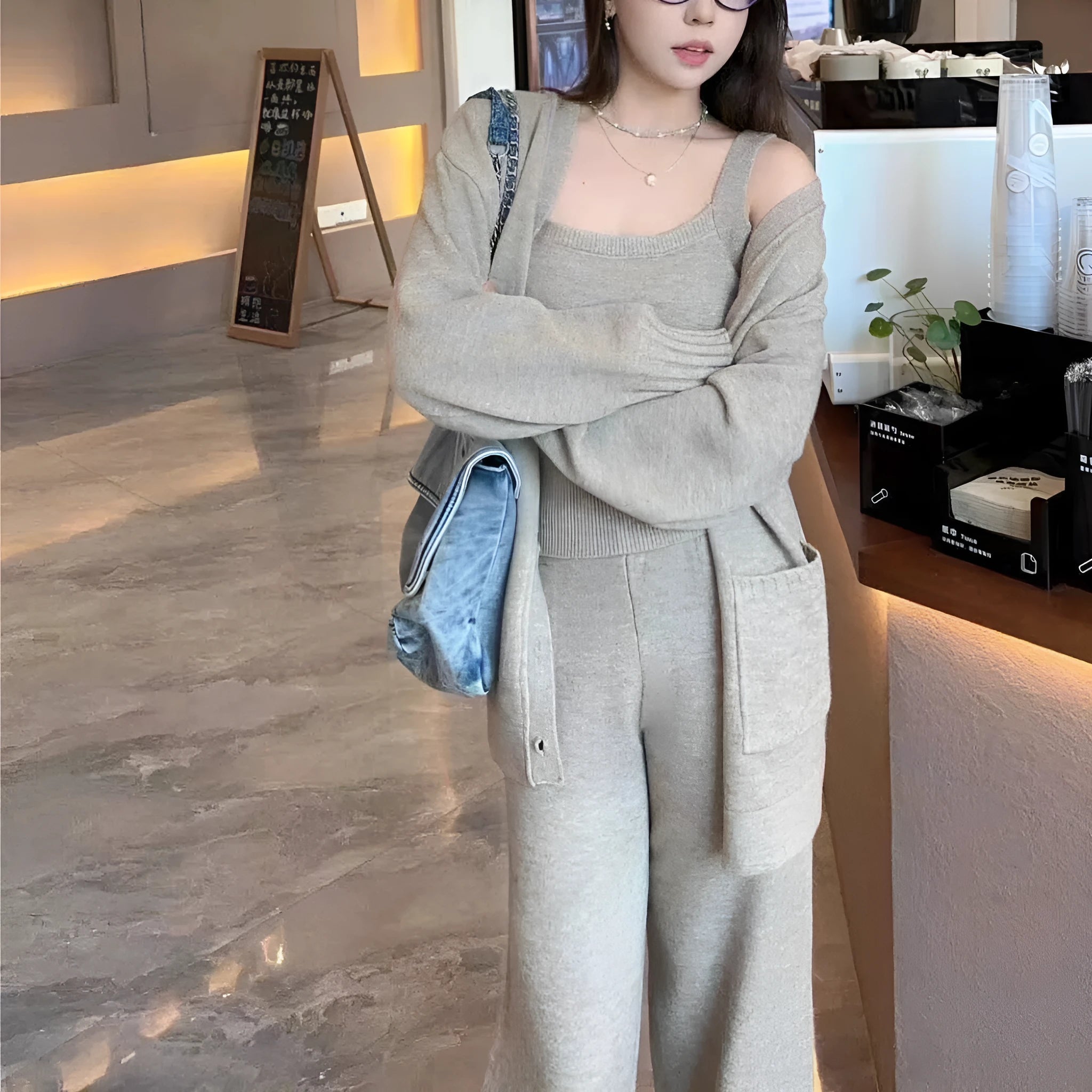 Women's wool blend knit cardigan three-piece set with suspender casual pants in loose fit Japanese Korean style