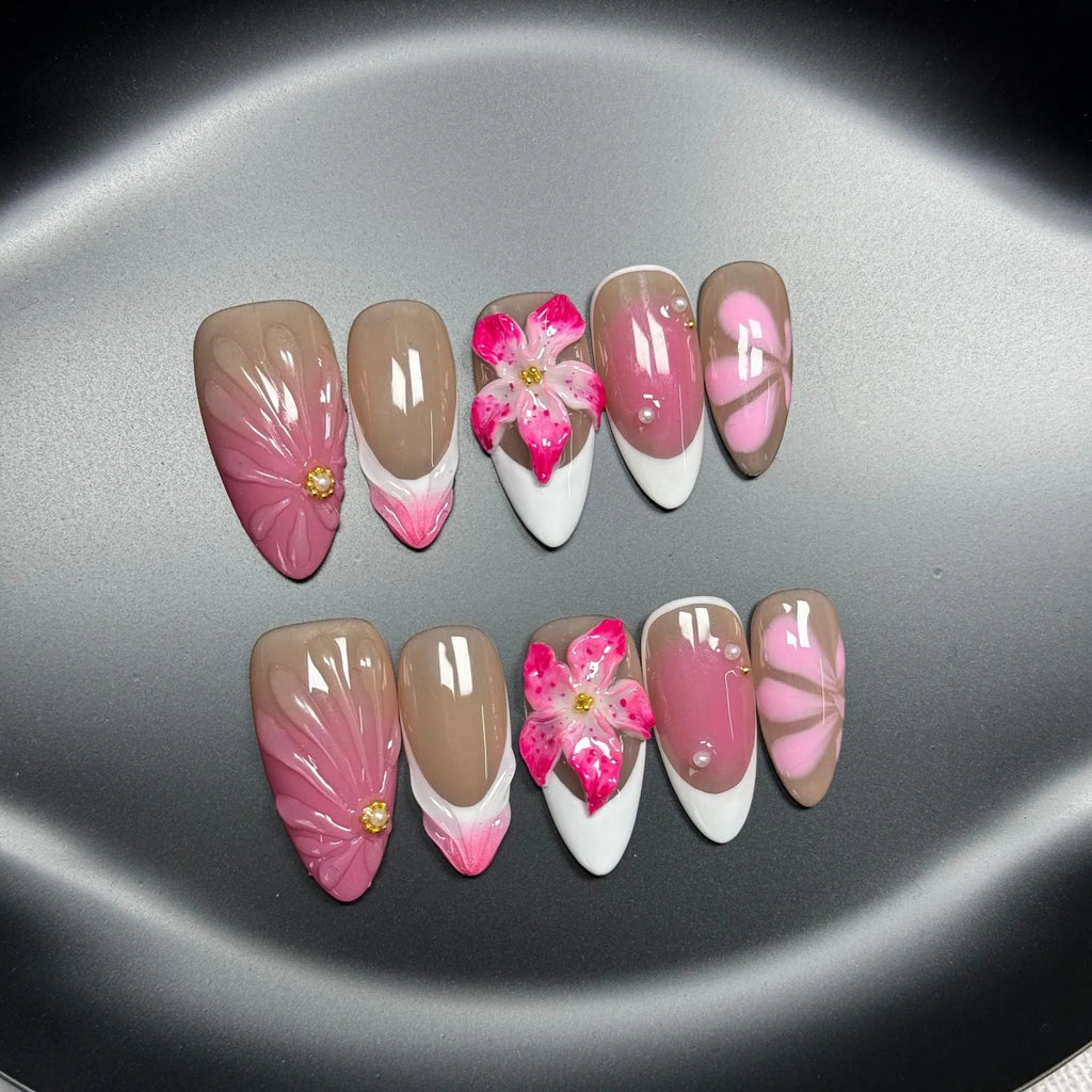 French style 3D lily fluid ice flower nail art stickers on almond-shaped plastic armour in four sizes