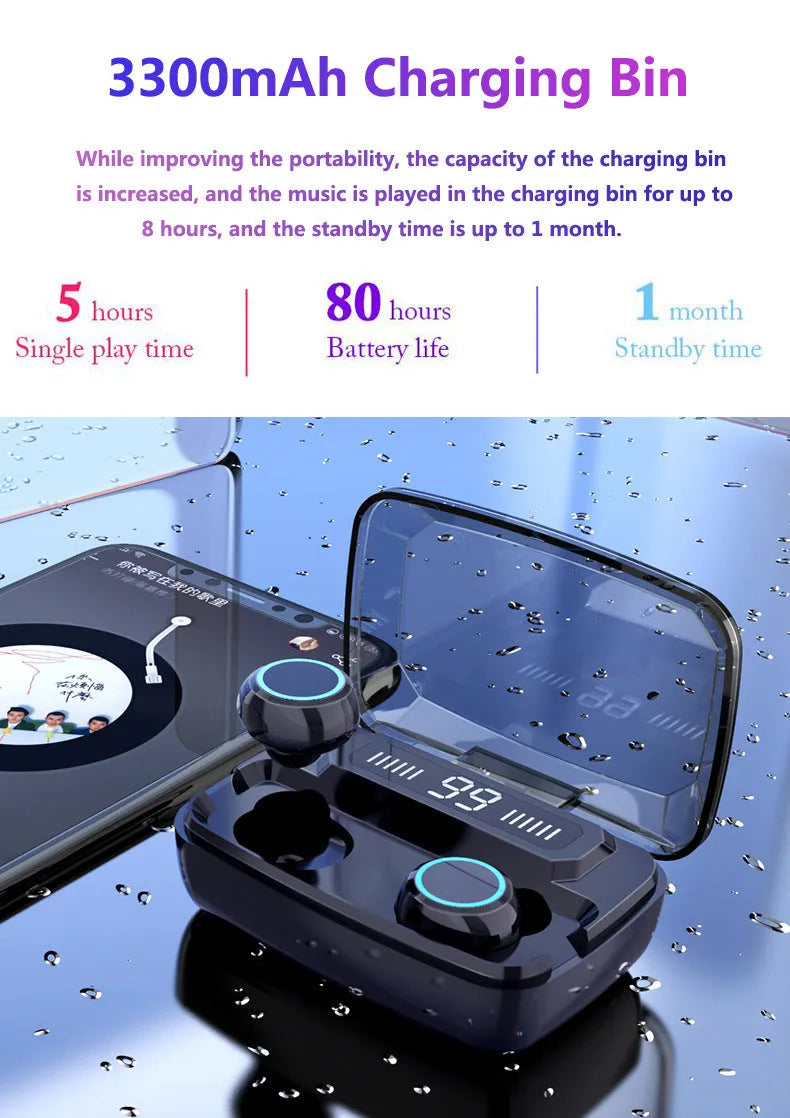 Black M11 style Bluetooth wireless earbuds with charging case showing digital display