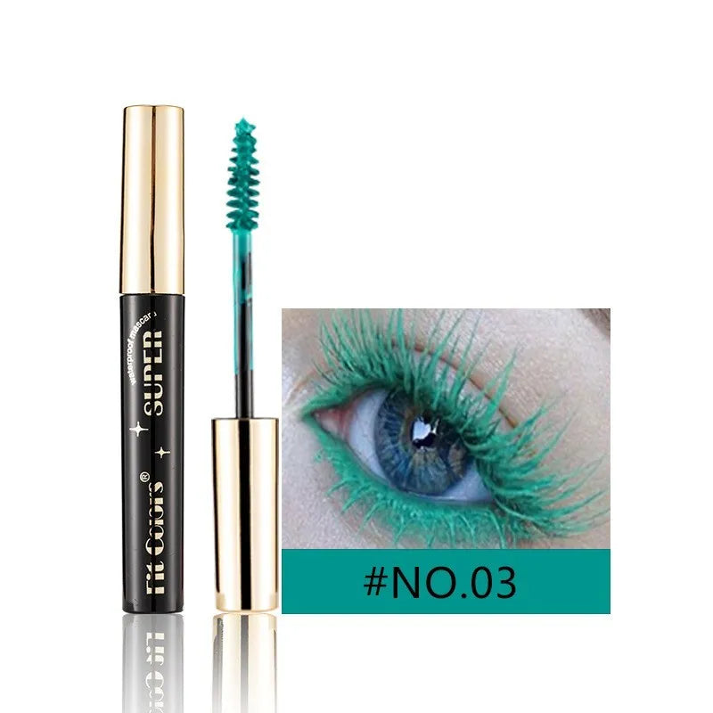 Colourful waterproof mascara tube displaying vibrant shades like wine red, gold, and mermaid green for stage and event makeup.