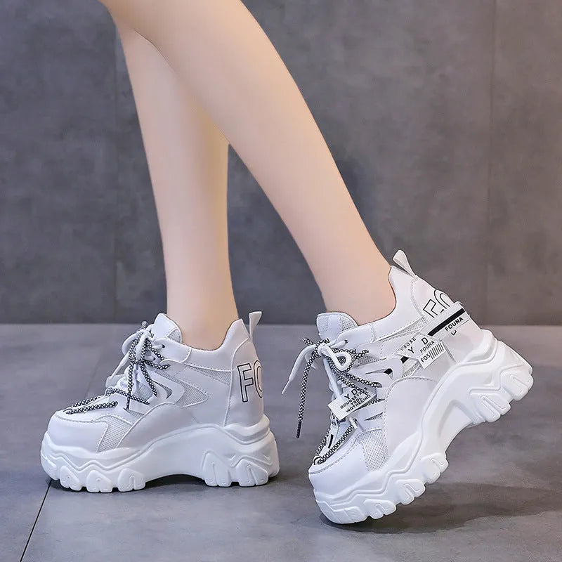 Women's white mesh platform sports shoes with cross-strap and rubber sole