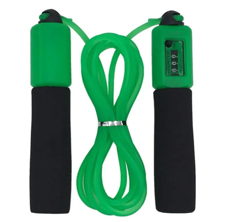 Adjustable length fitness skipping rope with sponge grip handles in multiple colour options