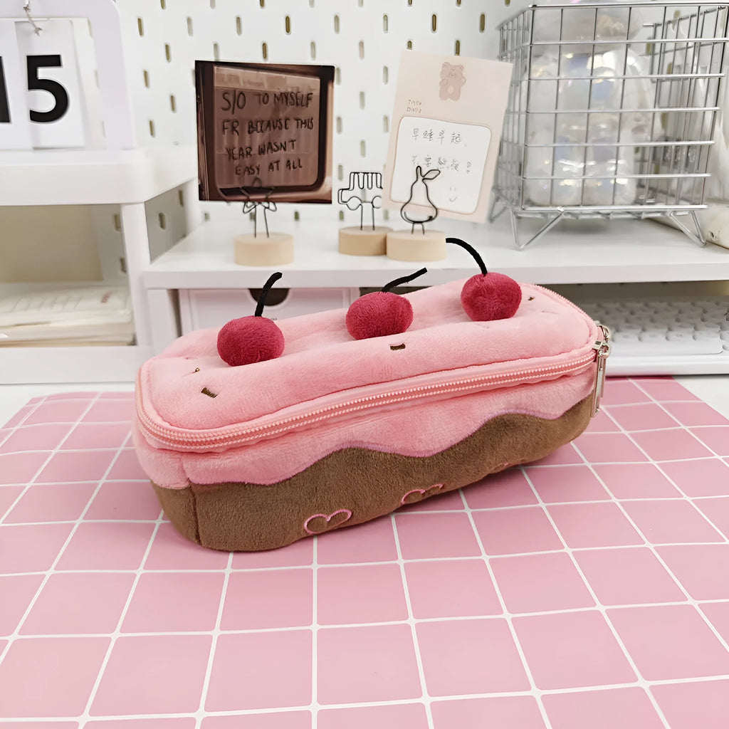 Cherry Cake coloured velvet pencil bag with Korean style design for pen storage