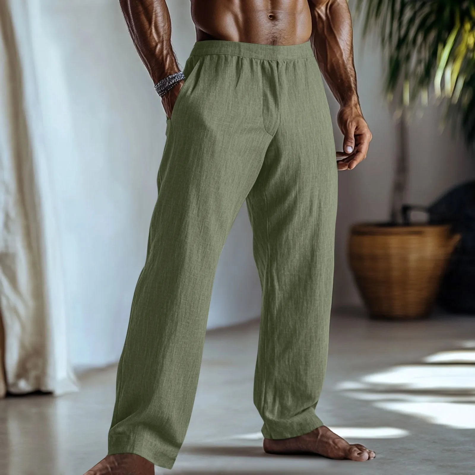 Men's straight-leg casual trousers in a cotton and linen fabric blend, shown in a solid colour.