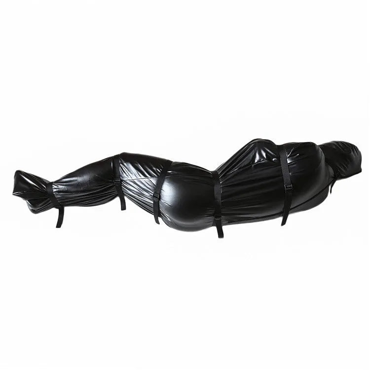 Black patent leather body wrap set with six silver ratchet tie-down straps laid out.
