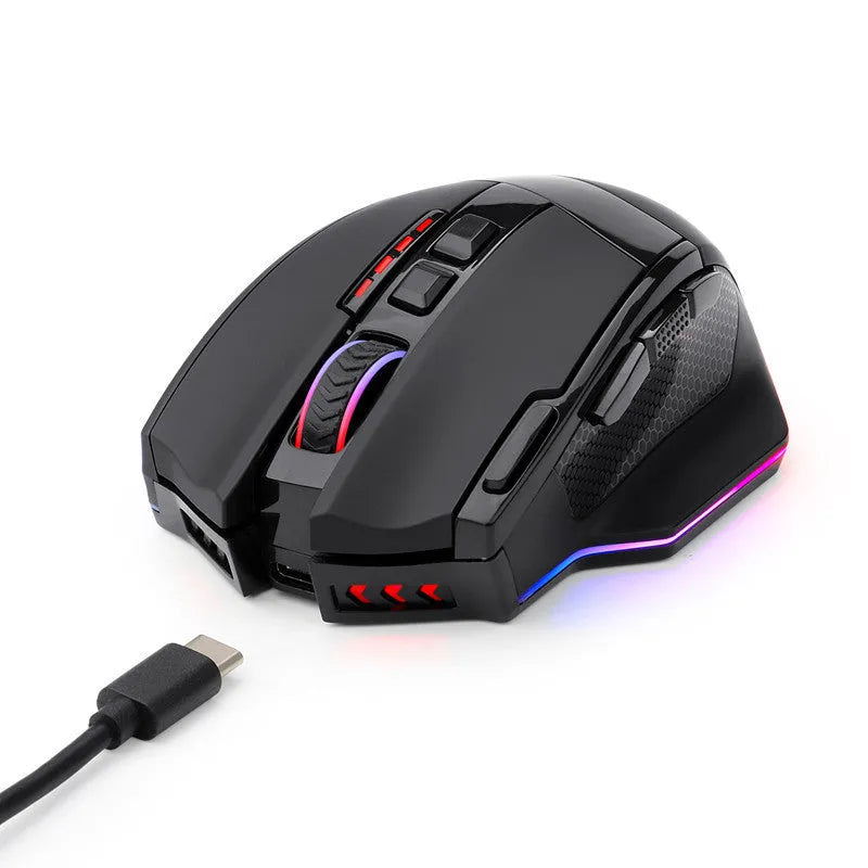Black Redragon M801P dual mode wireless and wired gaming mouse with multiple buttons.