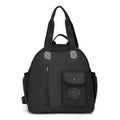 Large lightweight nylon backpack in black, khaki, or green with front sandwich pocket.