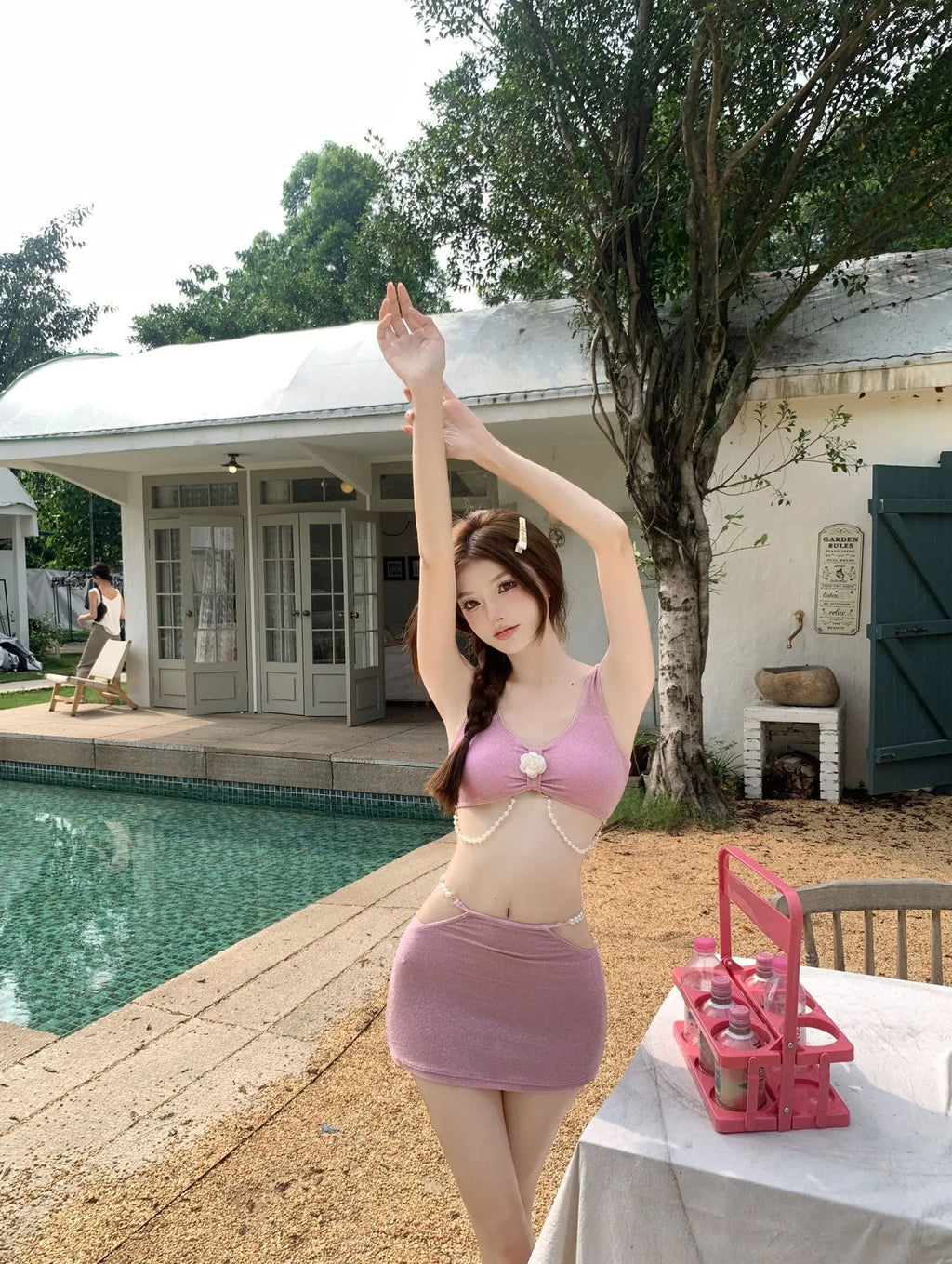 Pink and black three-piece polyester bikini set with briefs styling for swimming