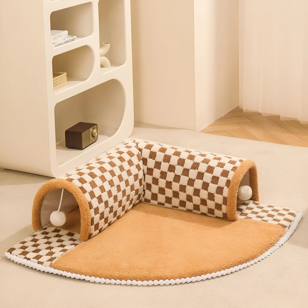Fan-shaped plush pet bed with integrated tunnel for cats and dogs in Coffee colour, showing thick mat and anti-slip base.
