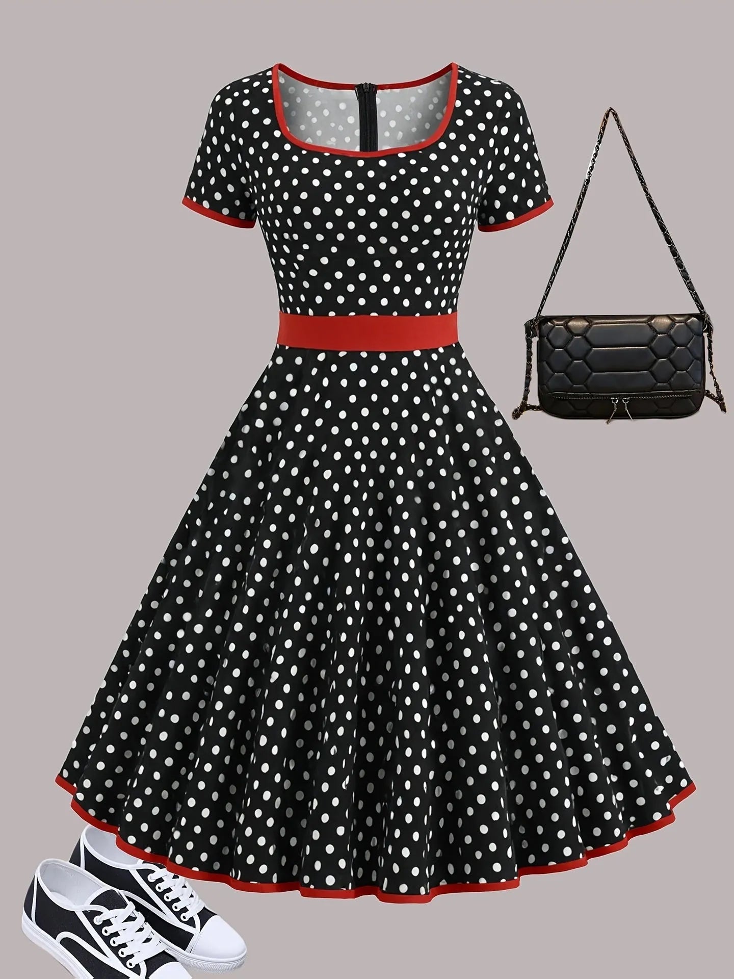 Women's polka dot pleated midi dress with square collar and front zipper closure