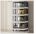 Foldable white household storage locker with wheels showing multiple layer configuration for clothes and shoe organisation