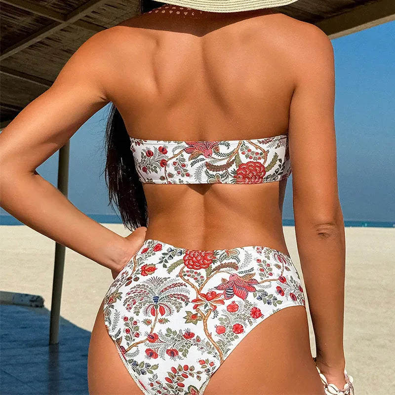 Women's printed bandeau swimsuit two-piece set with matching shorts for swimming