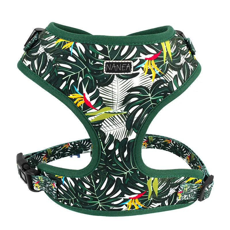 Six-piece dog harness set showing cloth vest, leash, collar, waste bag, bow tie, and scarf laid out