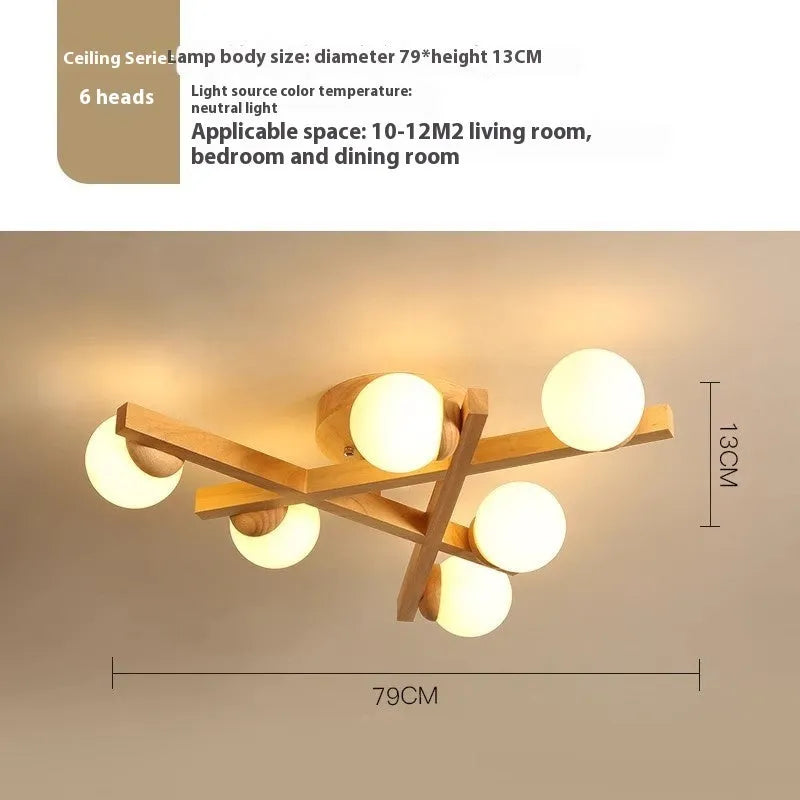 Wooden style Nordic ceiling light with three lamp heads for living room illumination
