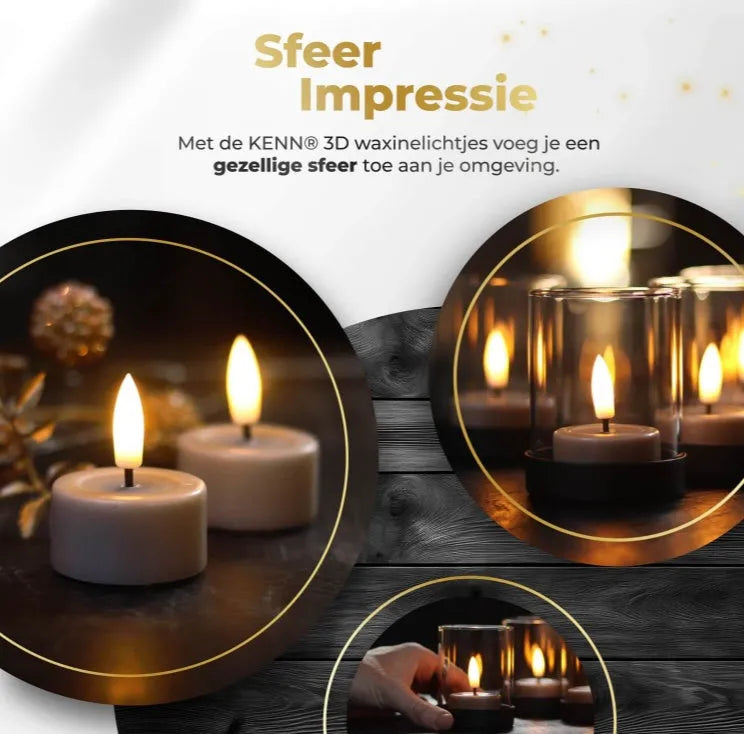 Four taupe-coloured LED tealight candles with 3D flickering flame effect on a surface.