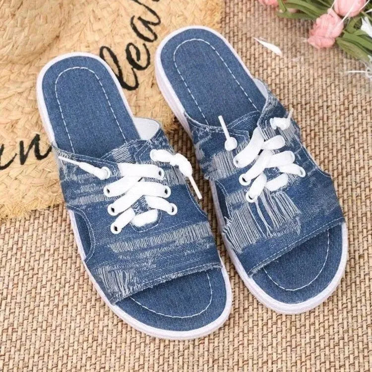 Blue canvas flat slippers for women with rubber soles and Roman-style slip-on design
