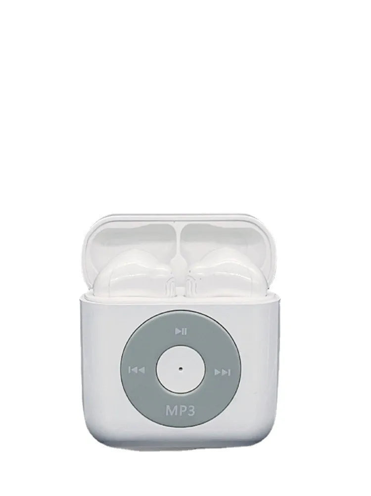 White wireless Bluetooth earphones with a semi in-ear design and a matching white charging case.