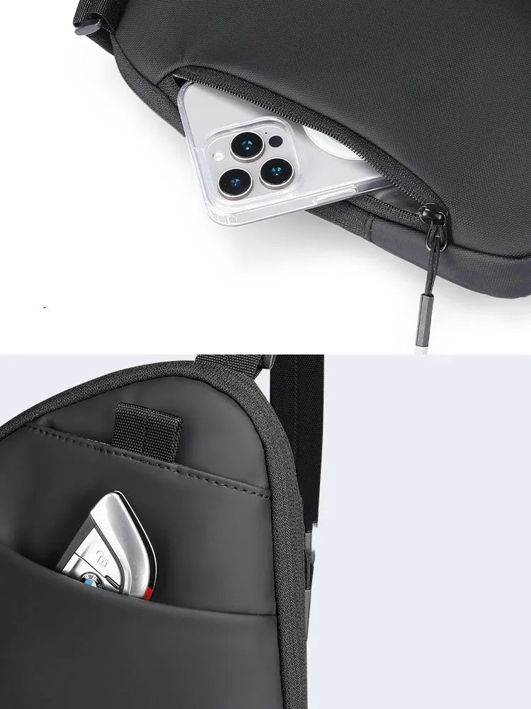 Men's black Oxford cloth crossbody bag with simple design showing sewing thread detailing and wear-resistant construction