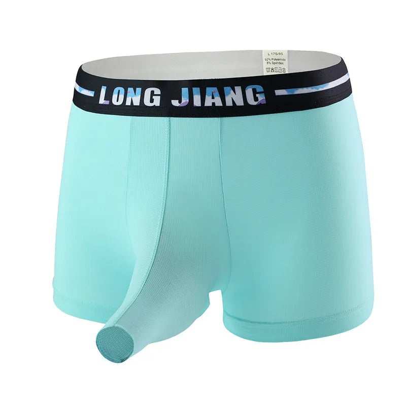 Men's ice silk boxer shorts in a solid colour showing the trunk open design and mid waist fit.