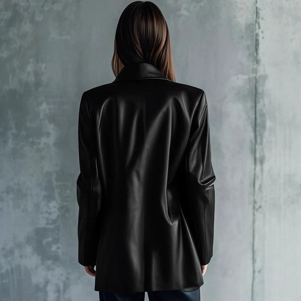 Black women's medium length leather jacket on a hanger