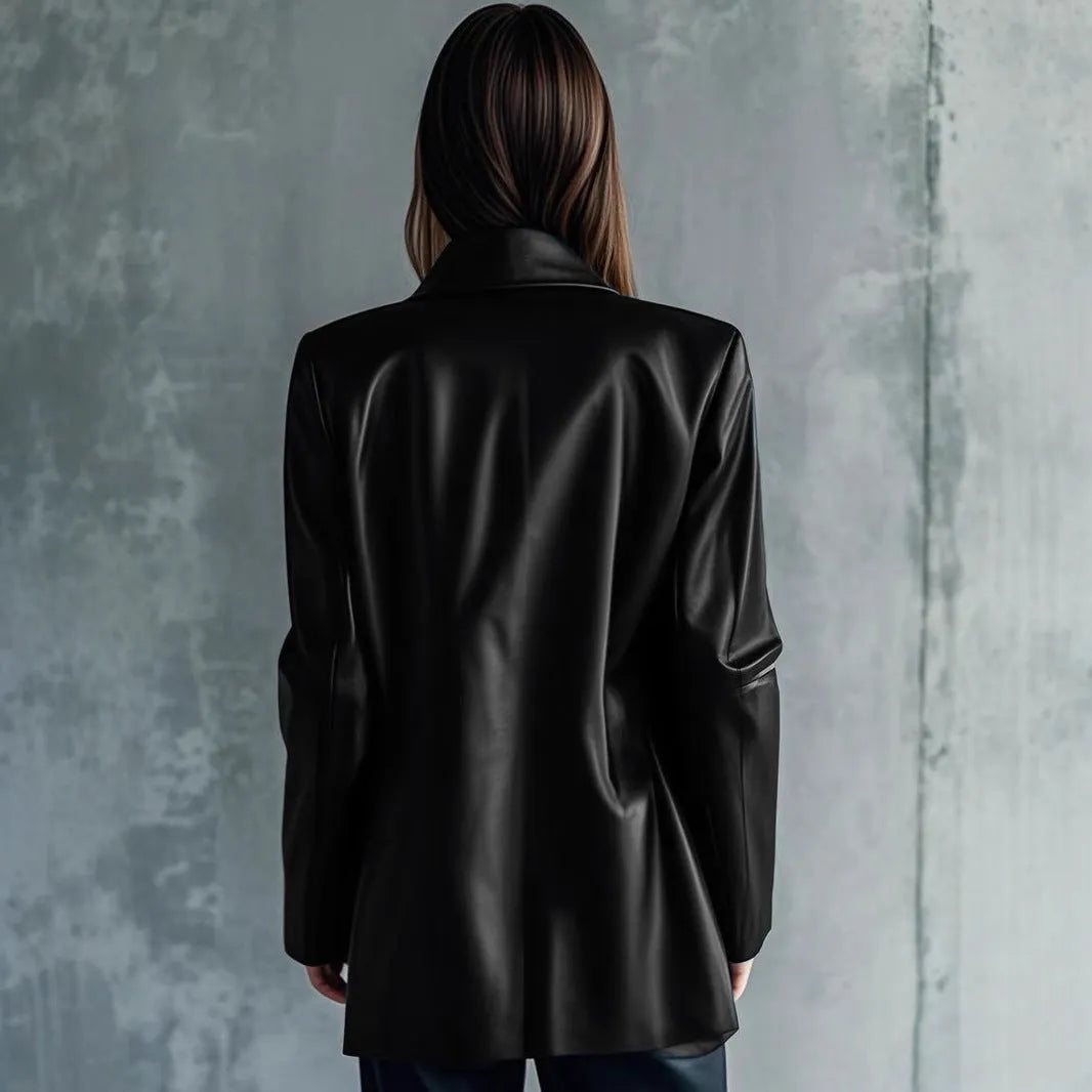 Black women's medium length leather jacket on a hanger