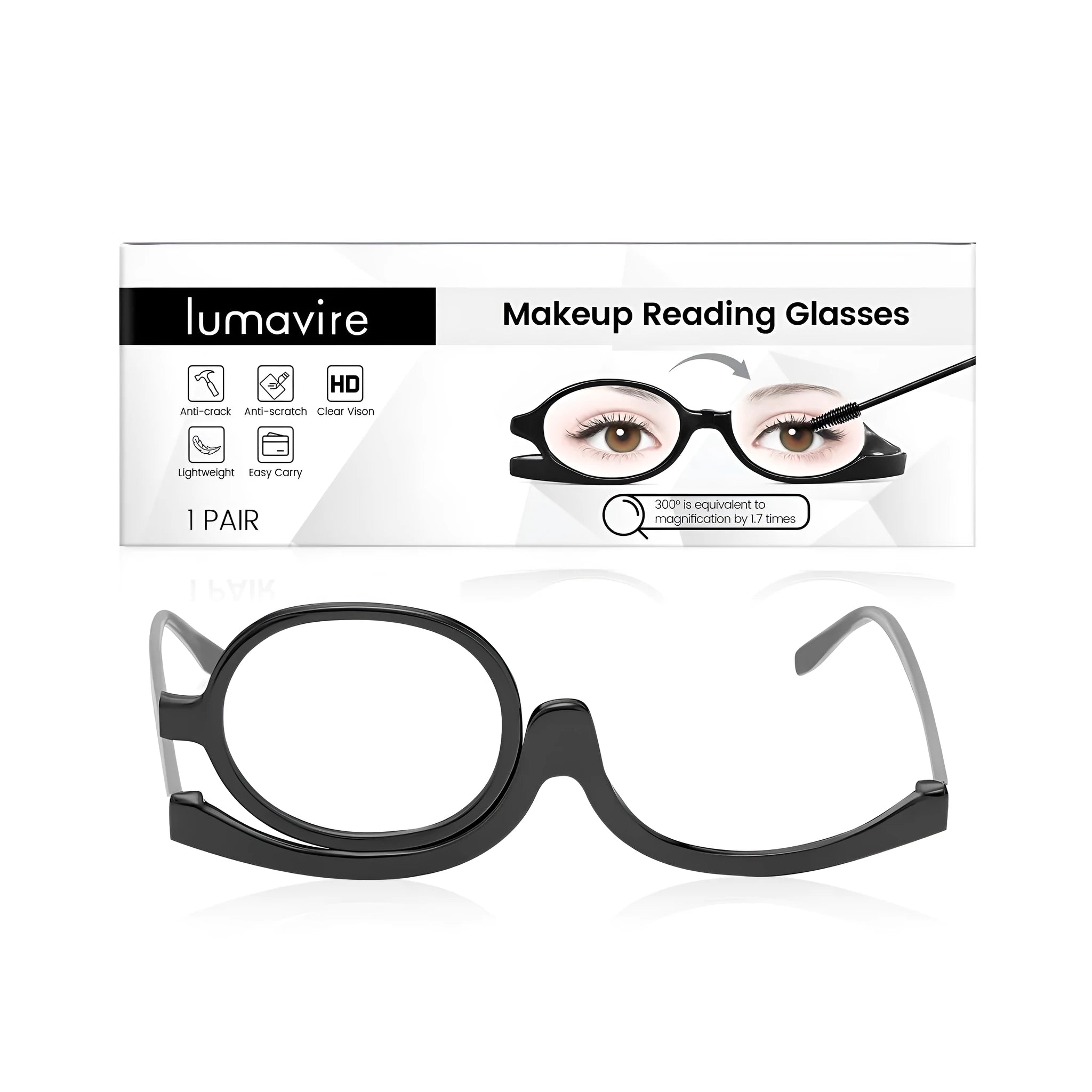 Makeup presbyopia glasses with a PC plastic frame and clear acrylic lenses, shown with a protective storage case.