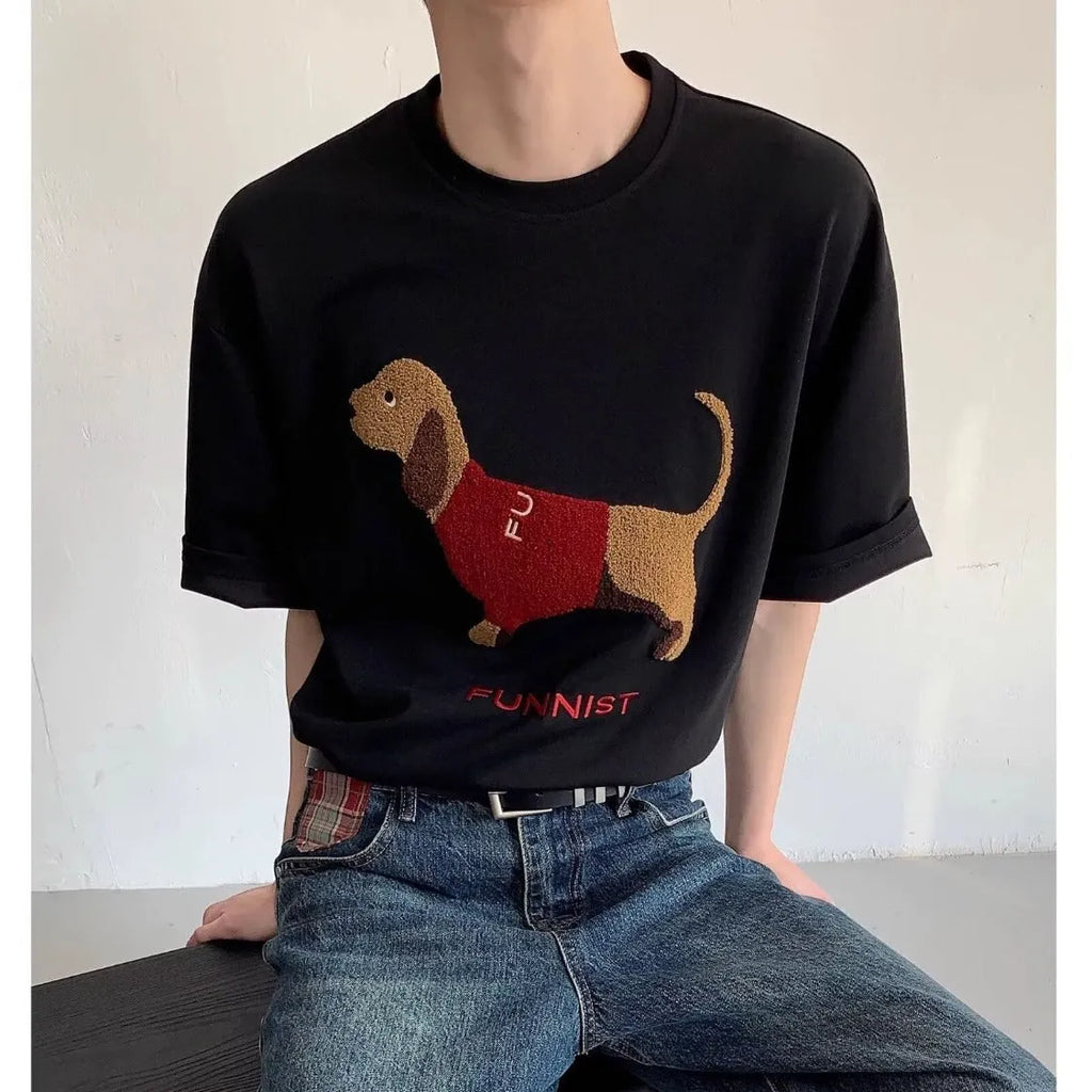 Men's grey T-shirt with embroidered sausage dog design on front, round neck and short sleeves