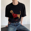 Men's grey T-shirt with embroidered sausage dog design on front, round neck and short sleeves