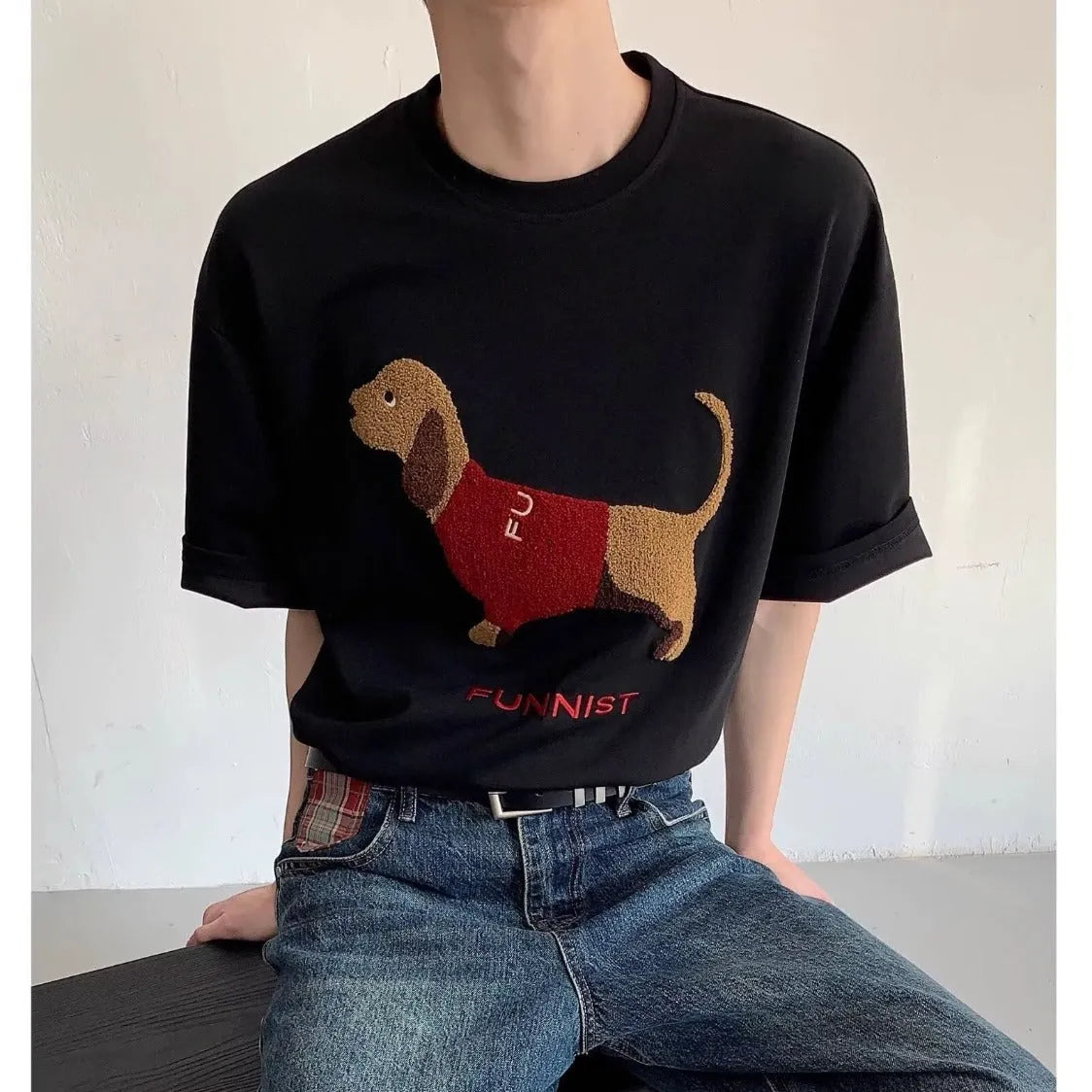 Men's grey T-shirt with embroidered sausage dog design on front, round neck and short sleeves