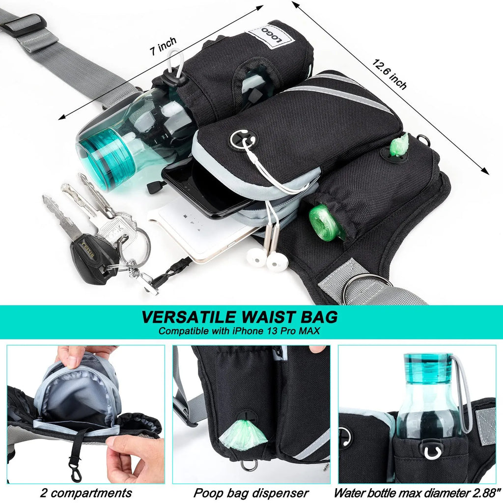 Black nylon dog walking waist bag set with leash and collar for outdoor pet training