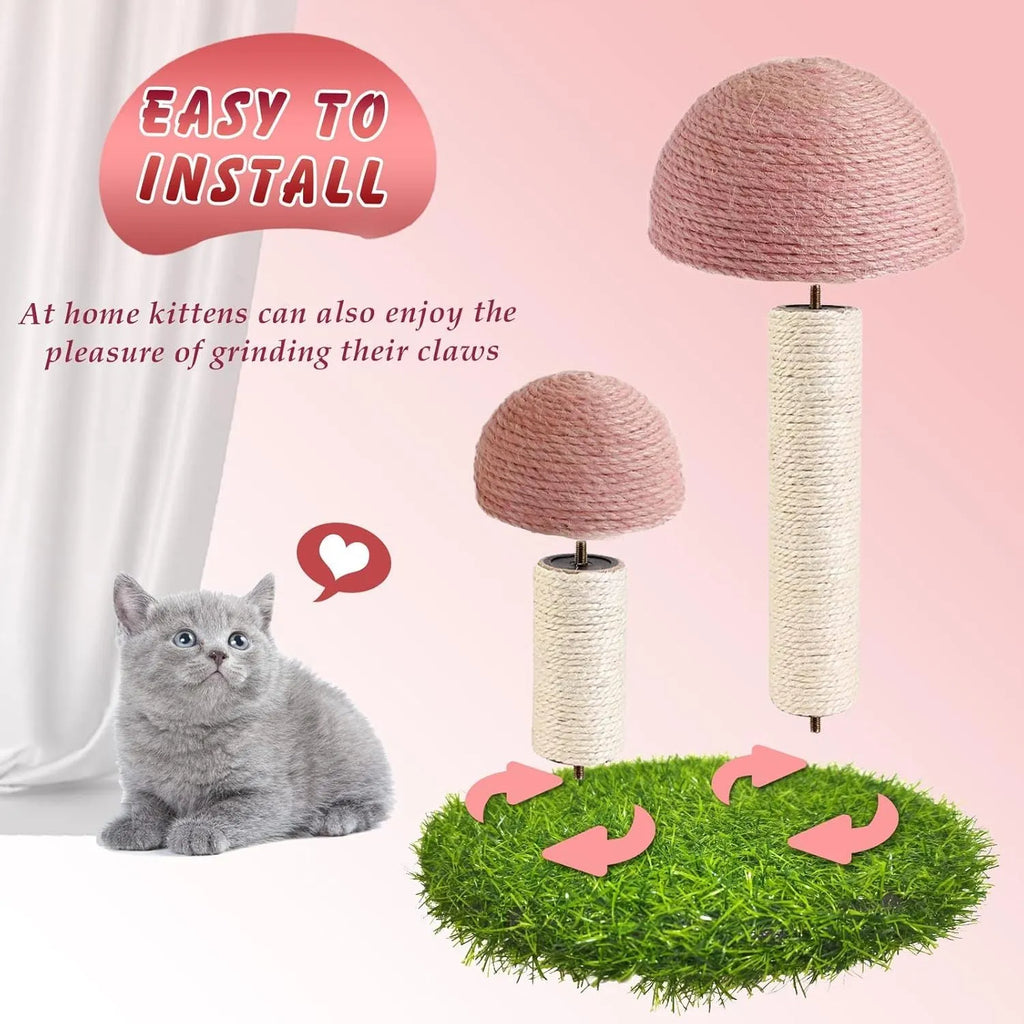 Pink mushroom cat scratching post with natural sisal caps and pole for small cats