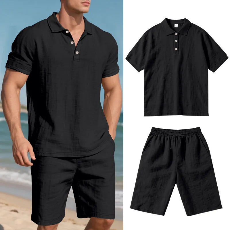 Men's linen blend shorts suit in apricot colour with short sleeves and casual fit