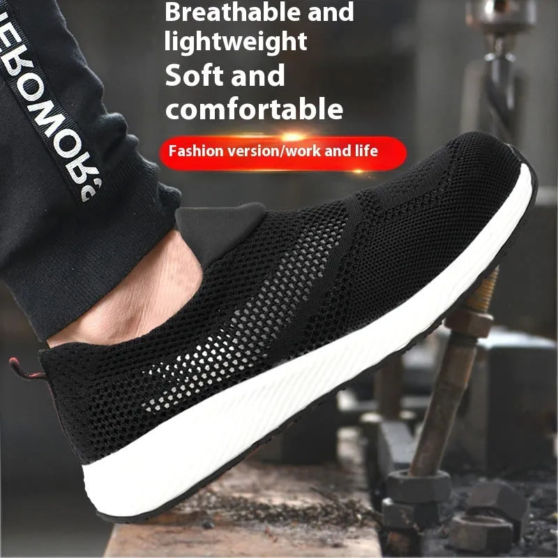 Men's steel toe work shoes in black with mesh upper and anti-puncture safety features