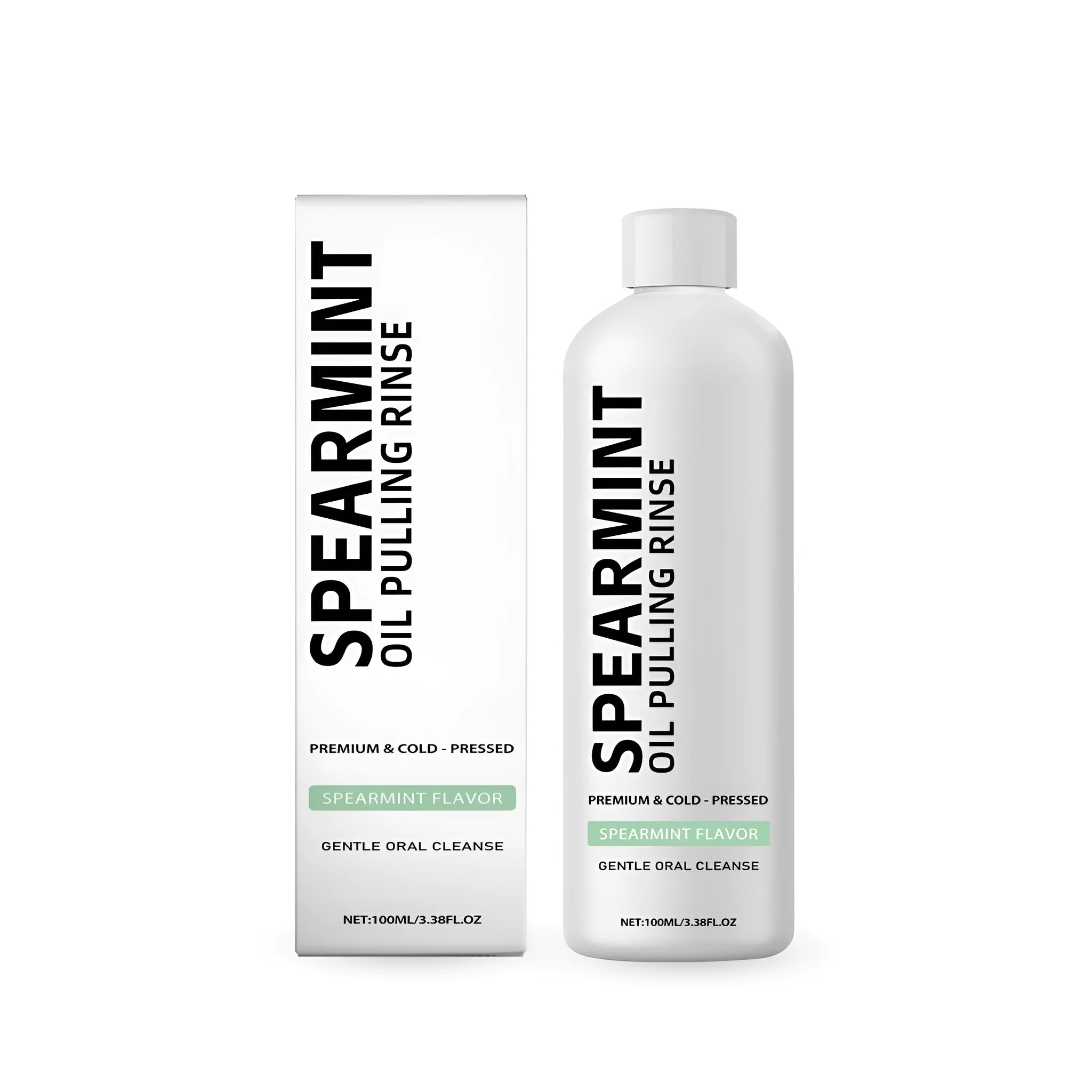 100ml bottle of spearmint oil pulling mouthwash with natural extracts