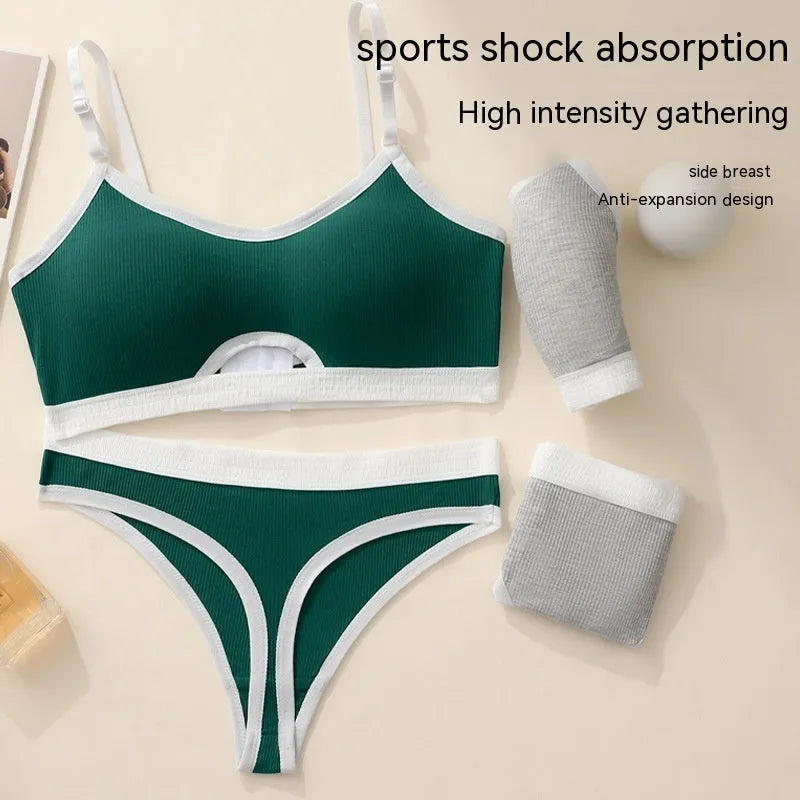 Sports underwear vest set in contrast colour with chest pad and matching pants on hanger