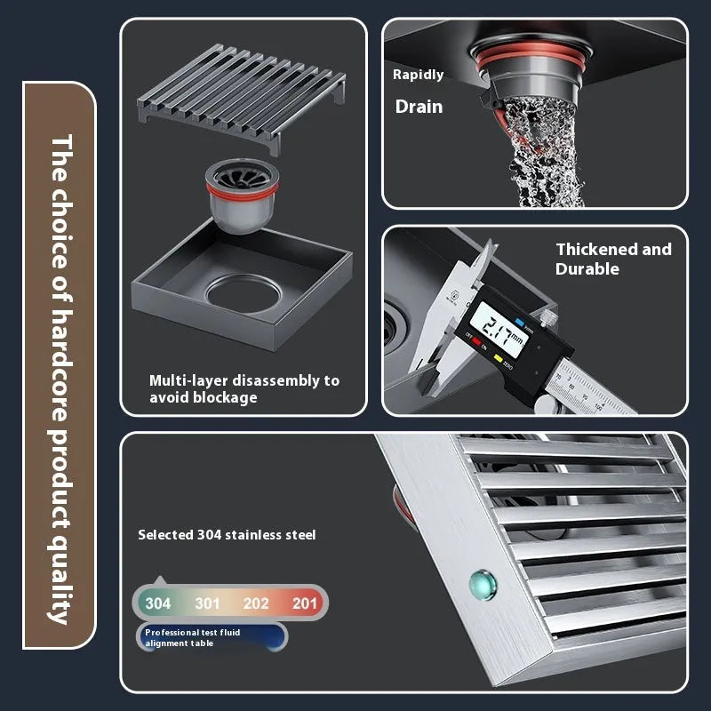 Gun grey 304 stainless steel courtyard floor drain with a square 15x15 cm grid.