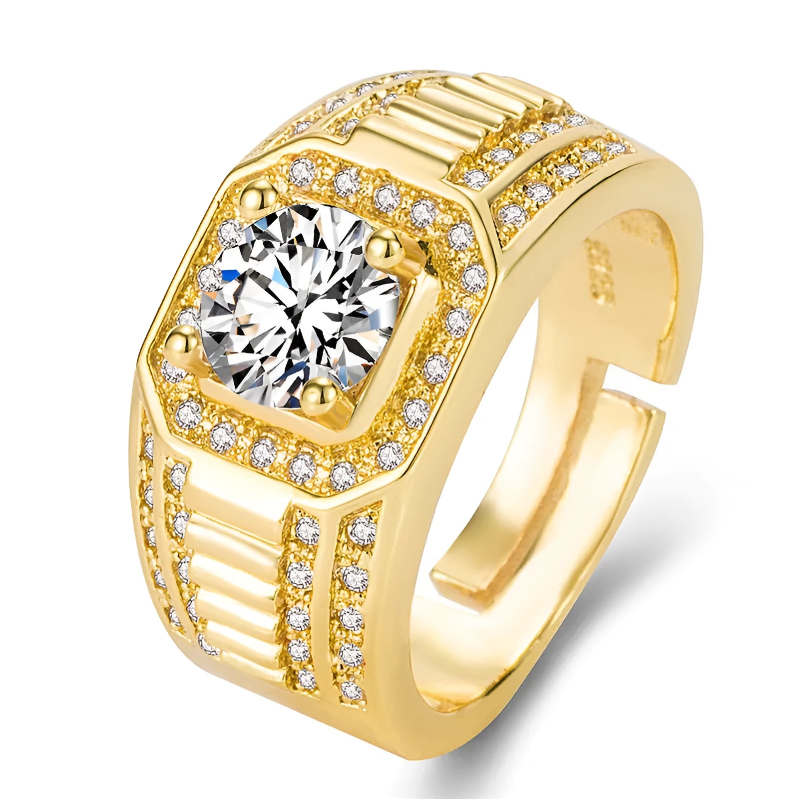 Men's large square diamond ring in copper with adjustable band, shown in gold and platinum finishes.