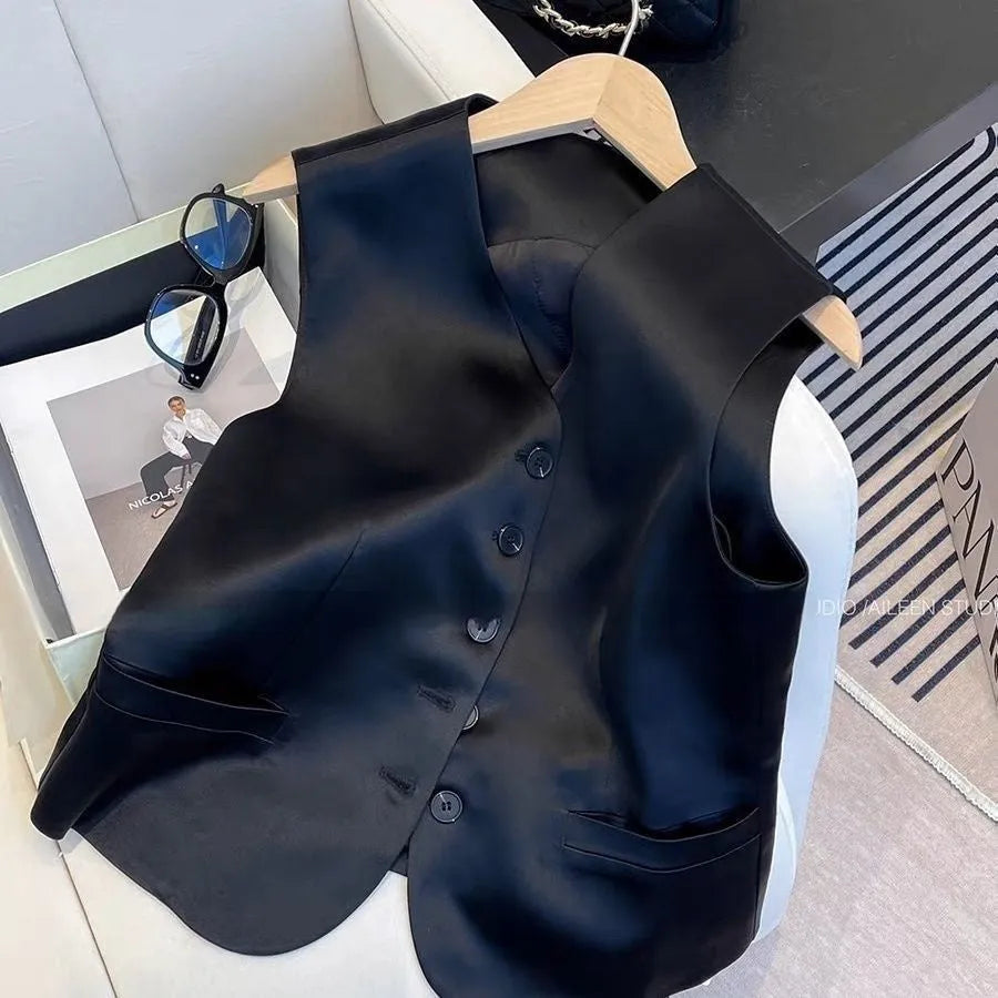 Black satin ladies' sleeveless vest with loose fit and splicing details on solid background