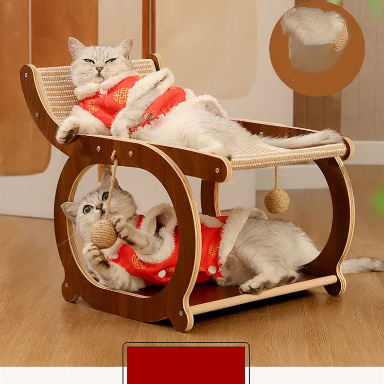 Solid wood rectangular cat scratching mat and bed in walnut colour with scratch-resistant surface