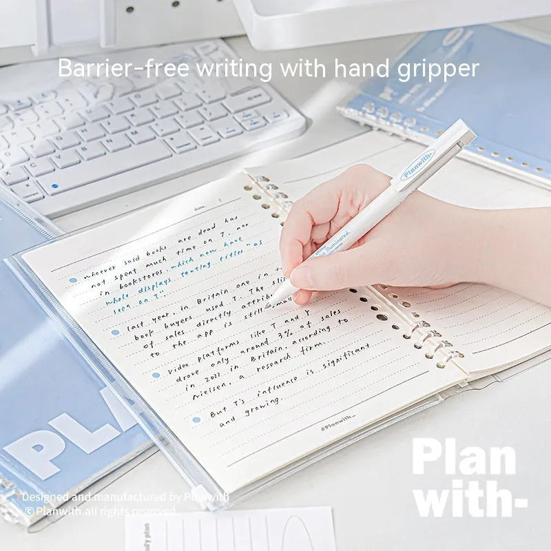 A5 blue PVC spiral-bound notebook with a transparent front pocket for loose-leaf paper.