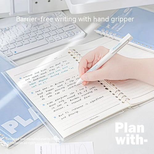 A5 blue PVC spiral-bound notebook with a transparent front pocket for loose-leaf paper.
