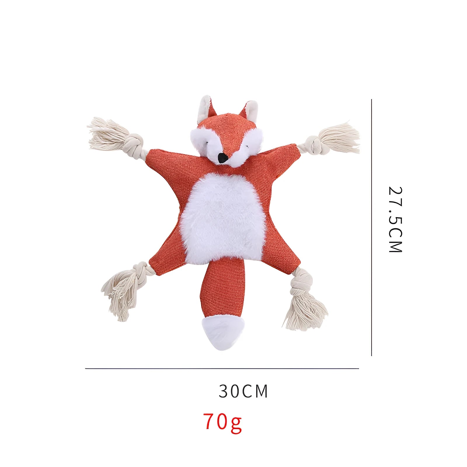 Brown fox plush dog toy with squeaker in head, crinkle paper body, and rope limbs for chewing