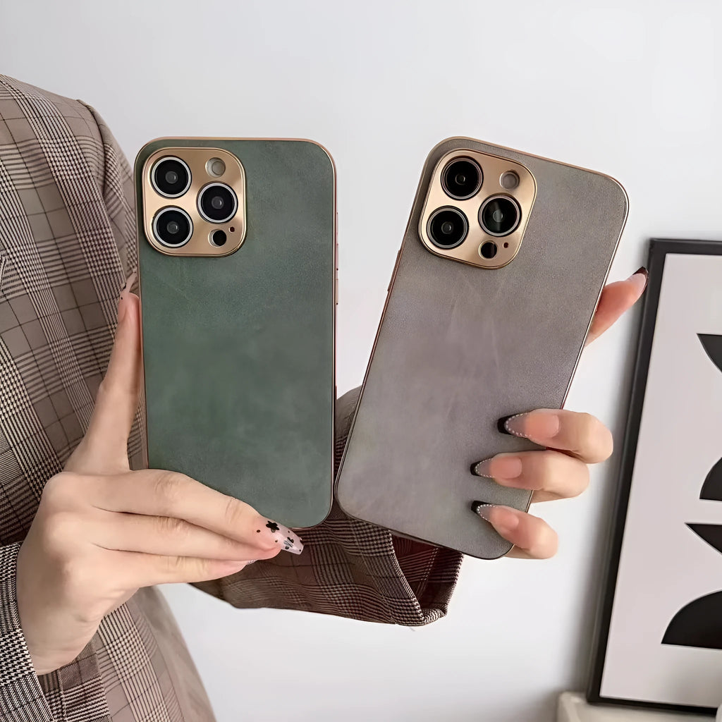 Leather texture TPU phone case for iPhone on a table, shown in grey-green colour.