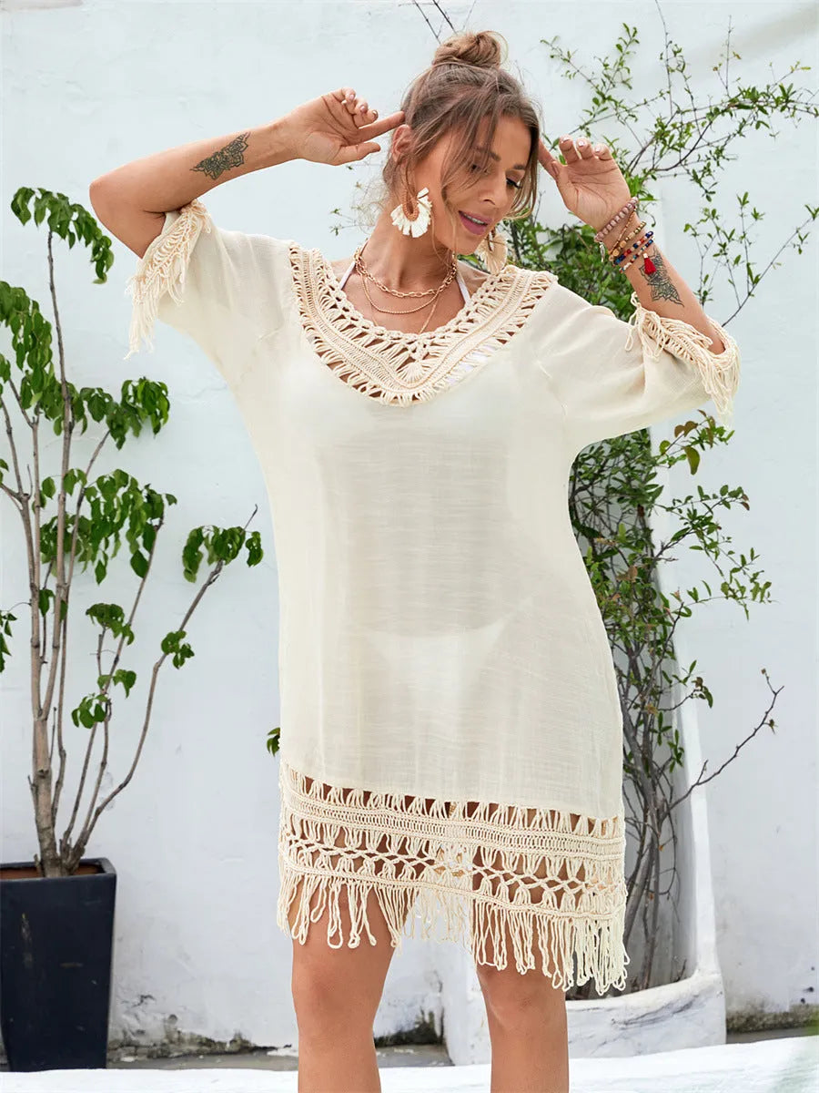 Apricot coloured hand-crocheted women's beach dress with lining.