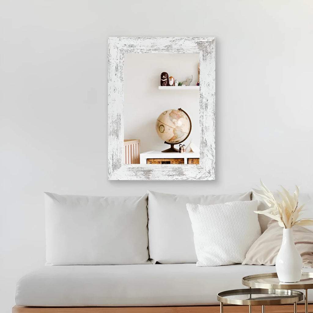 Rectangular wall mounted bathroom mirror with MDF frame in small old white colour with retro Chinese pastoral design