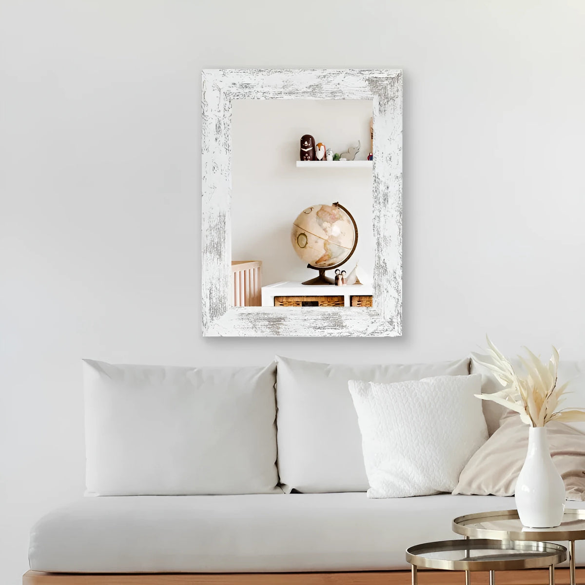 Rectangular wall mounted bathroom mirror with MDF frame in small old white colour with retro Chinese pastoral design