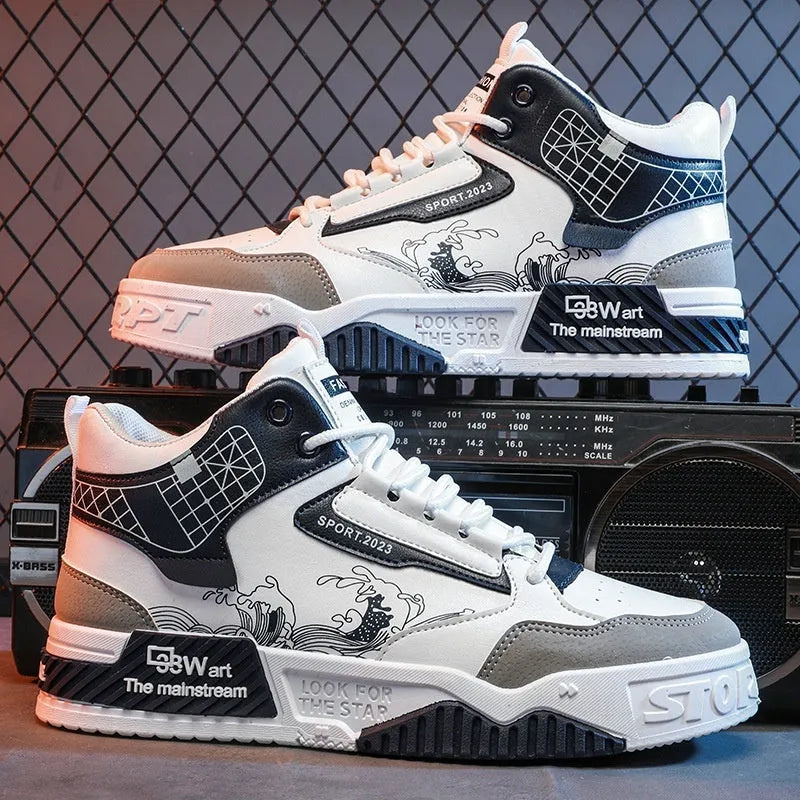 Men's beige, white, and blue high-top board shoes with flat rubber soles and lace-up front